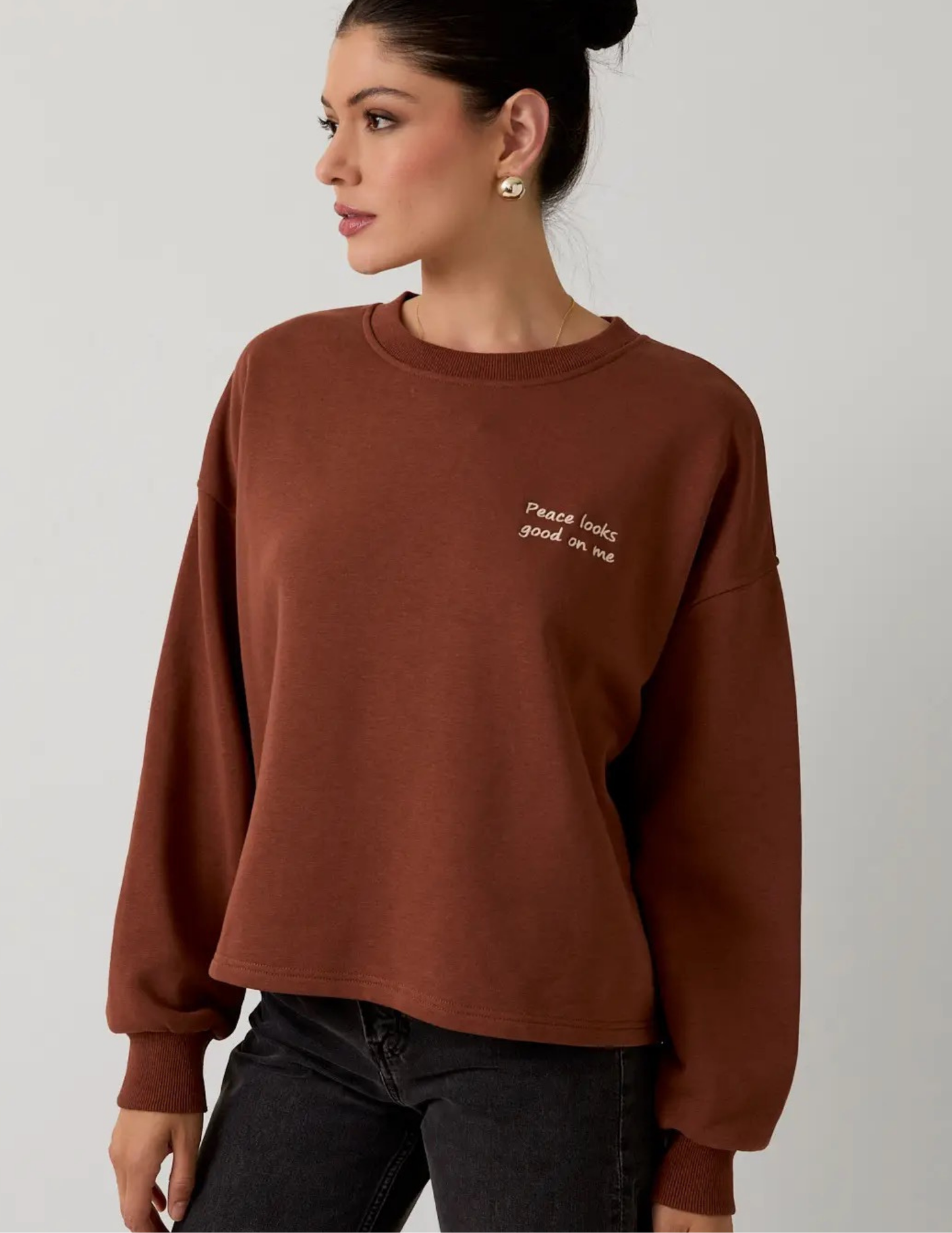 Crew Neck Patch Sweatshirt- Brown