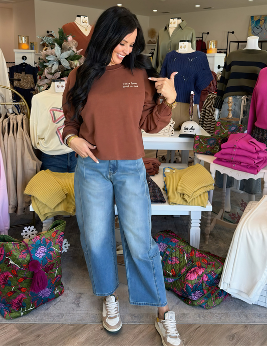 Crew Neck Patch Sweatshirt- Brown