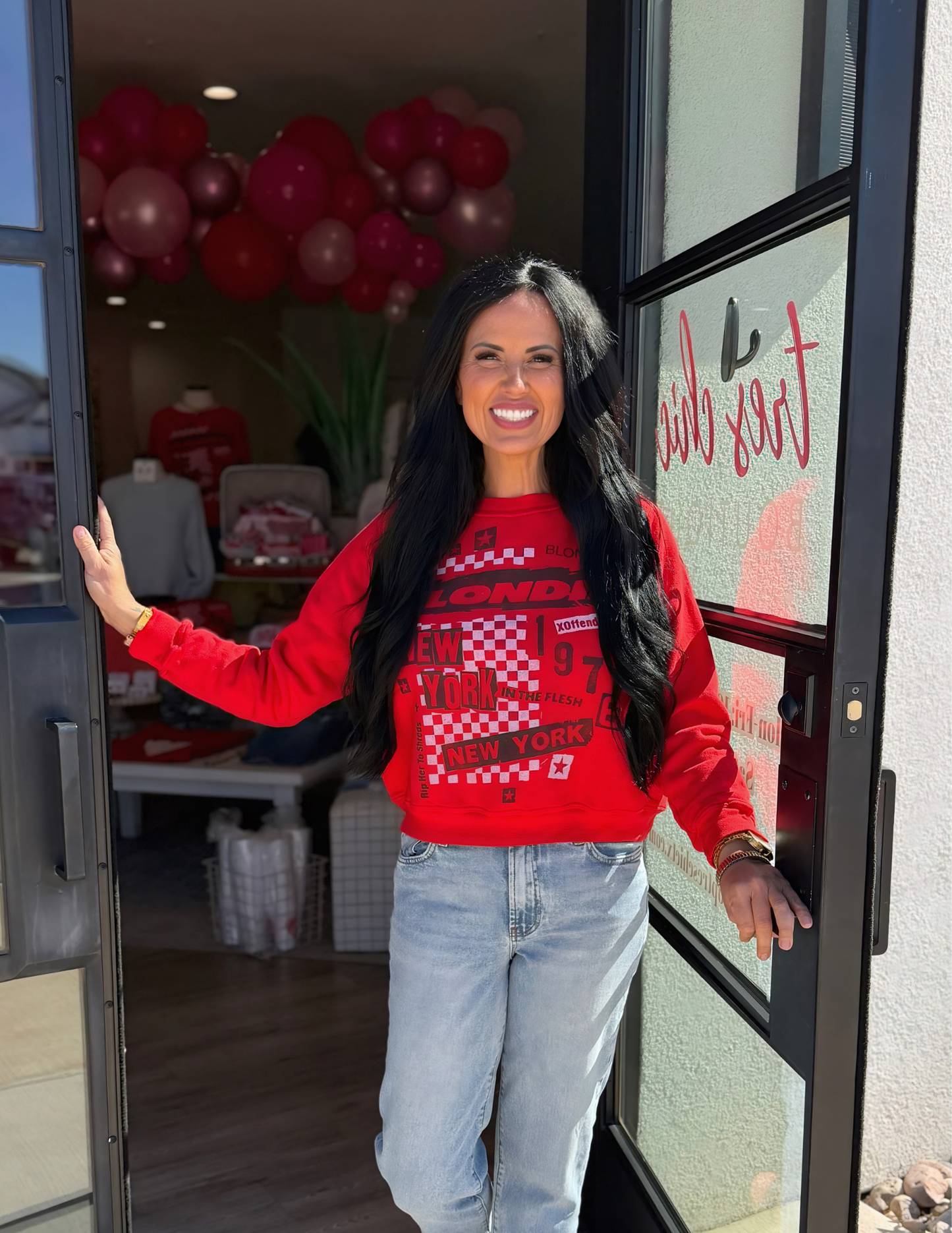 Blondie Self- Titled Shrunken Raglan Sweatshirt- Ruby Red