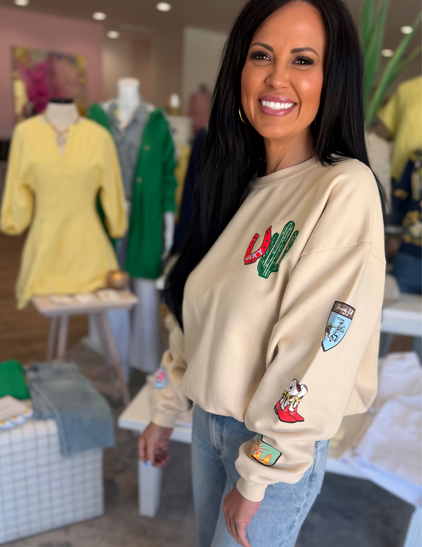 Western Patches Oversized Crew Sweatshirt