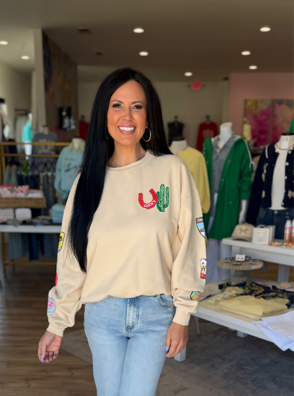 Western Patches Oversized Crew Sweatshirt