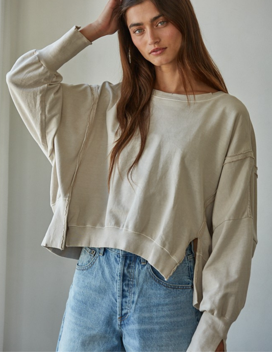 Everyday Hi-lo Slit Pullover- Beige