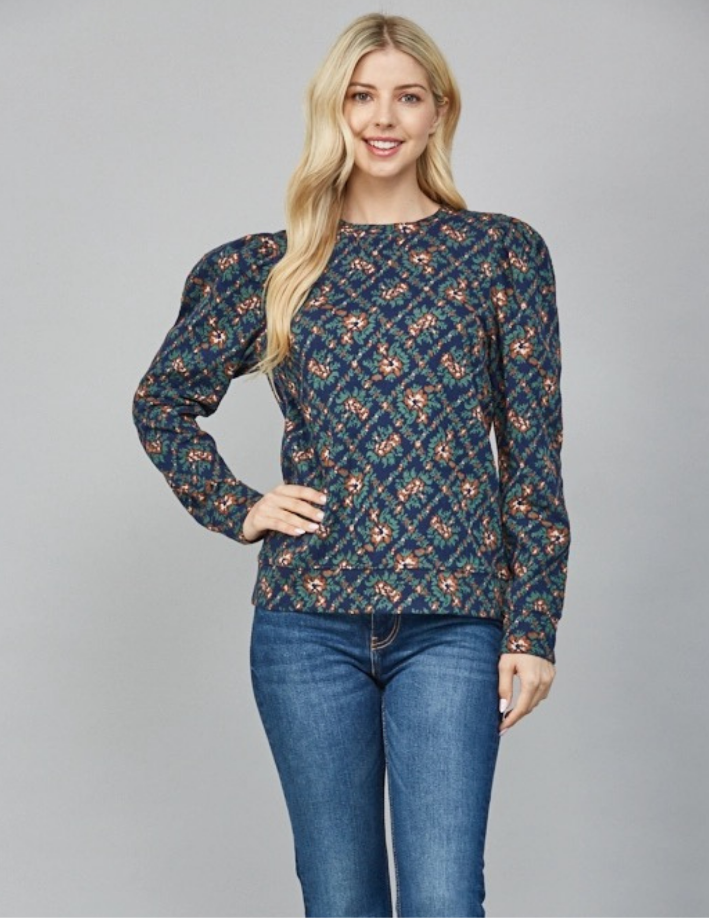 Jacquard Fabric Puff Slv Top- Navy Multi