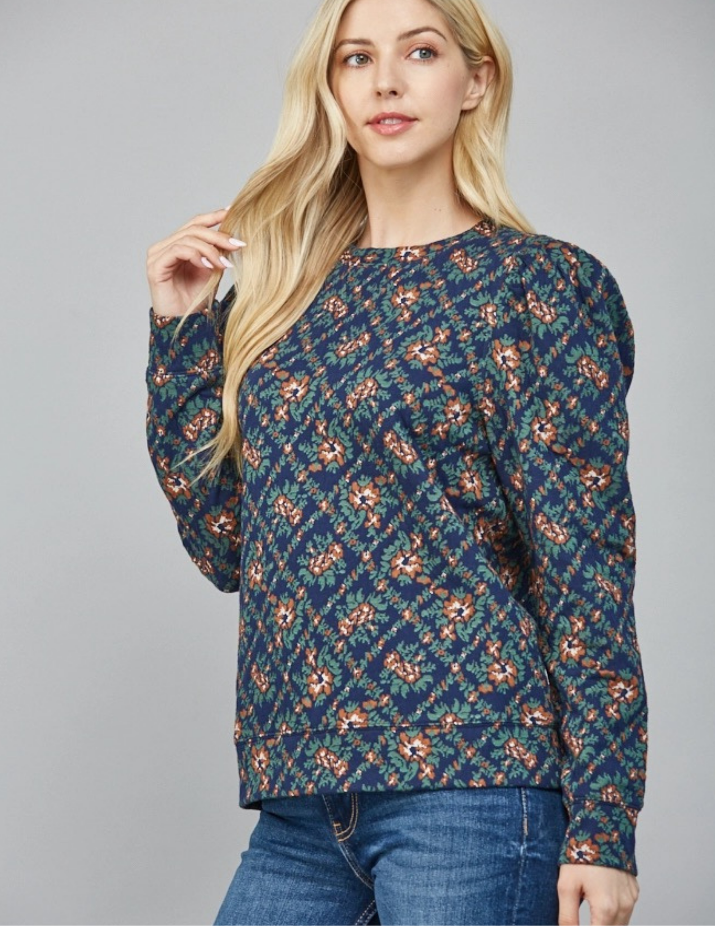 Jacquard Fabric Puff Slv Top- Navy Multi