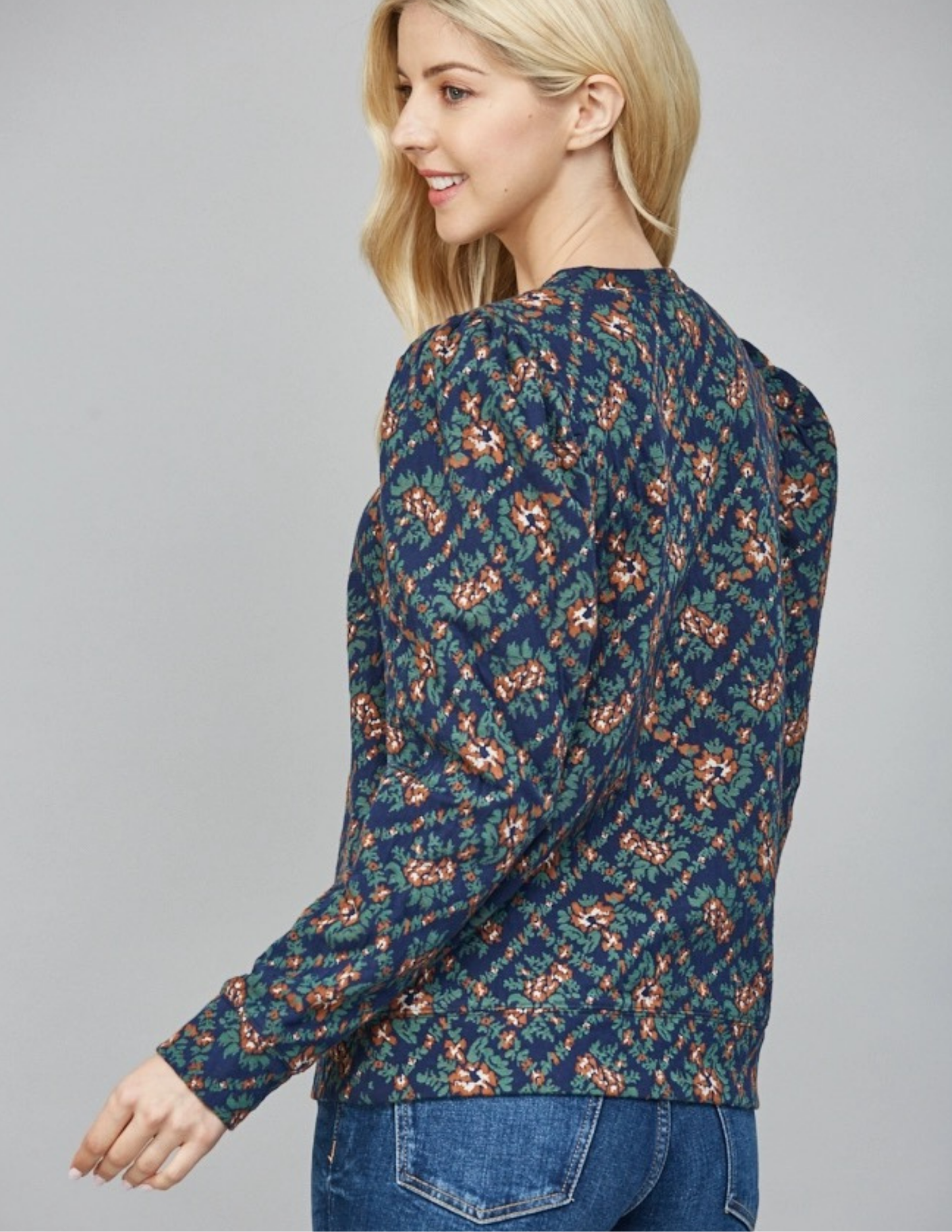 Jacquard Fabric Puff Slv Top- Navy Multi