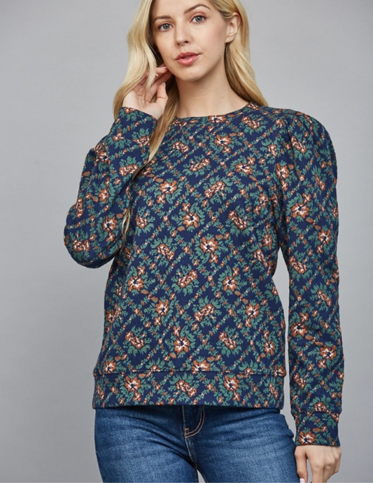 Jacquard Fabric Puff Slv Top- Navy Multi