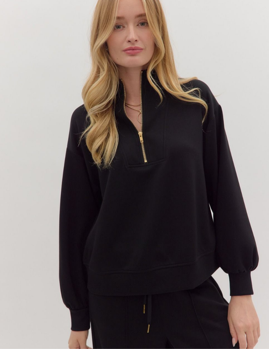 Knit Quarter Zip Pullover- Black