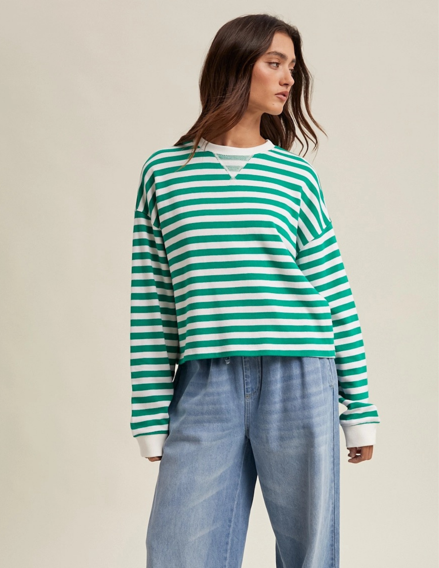 Relaxed Striped Crop Top- Green & White