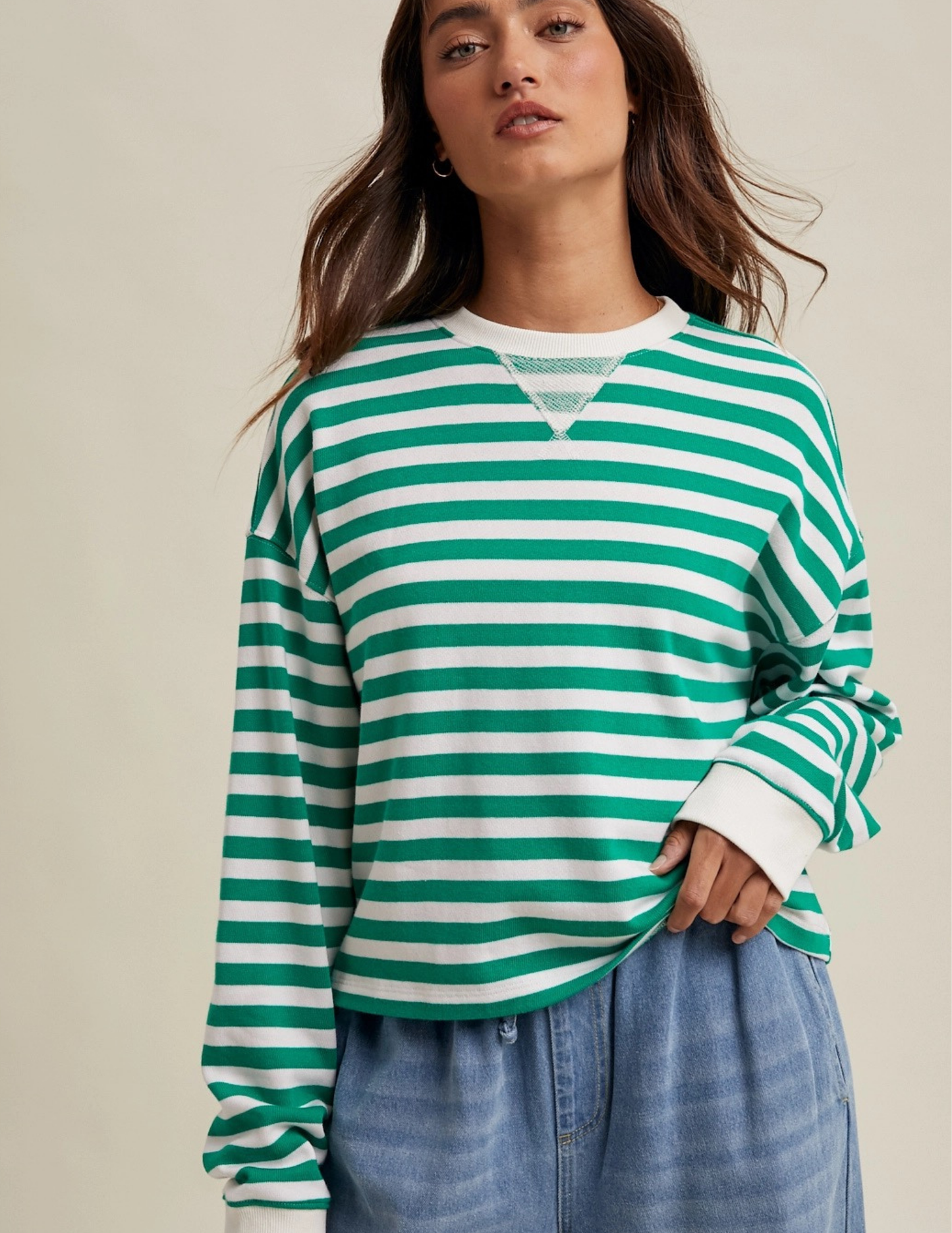 Relaxed Striped Crop Top- Green & White