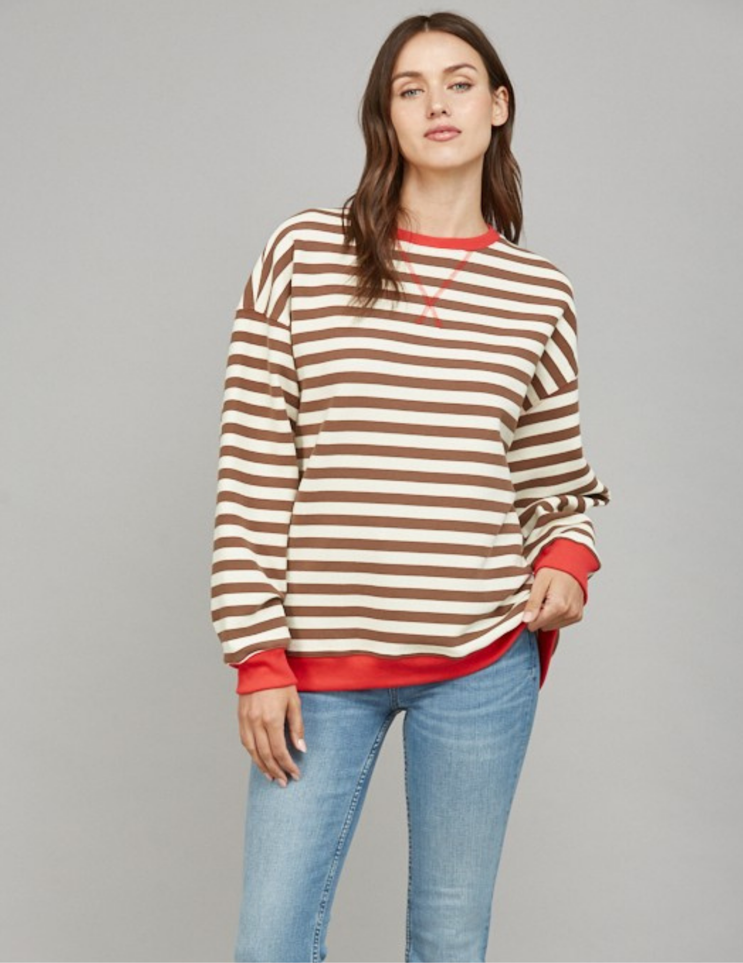 Stripe Oversized Sweatshirt- Brown/ Coral