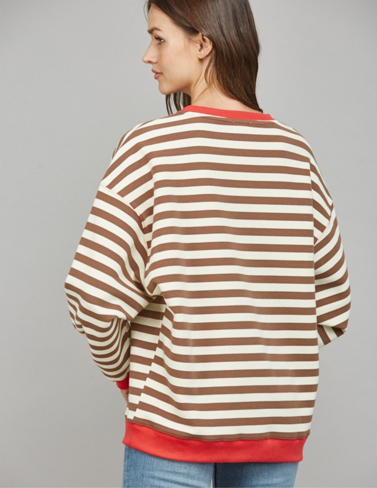 Stripe Oversized Sweatshirt- Brown/ Coral