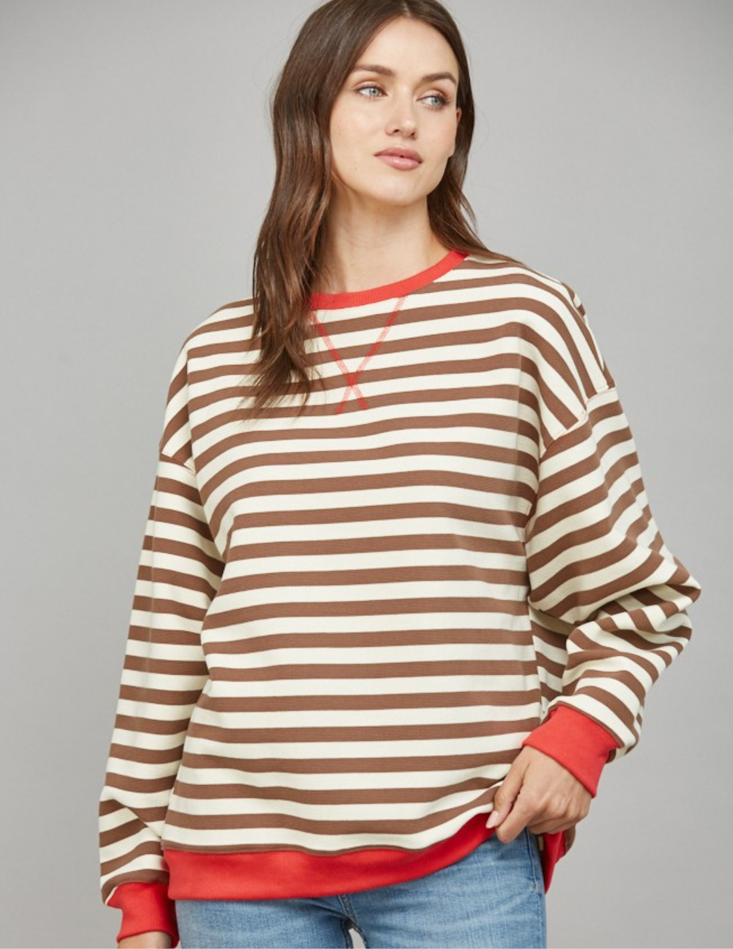 Stripe Oversized Sweatshirt- Brown/ Coral