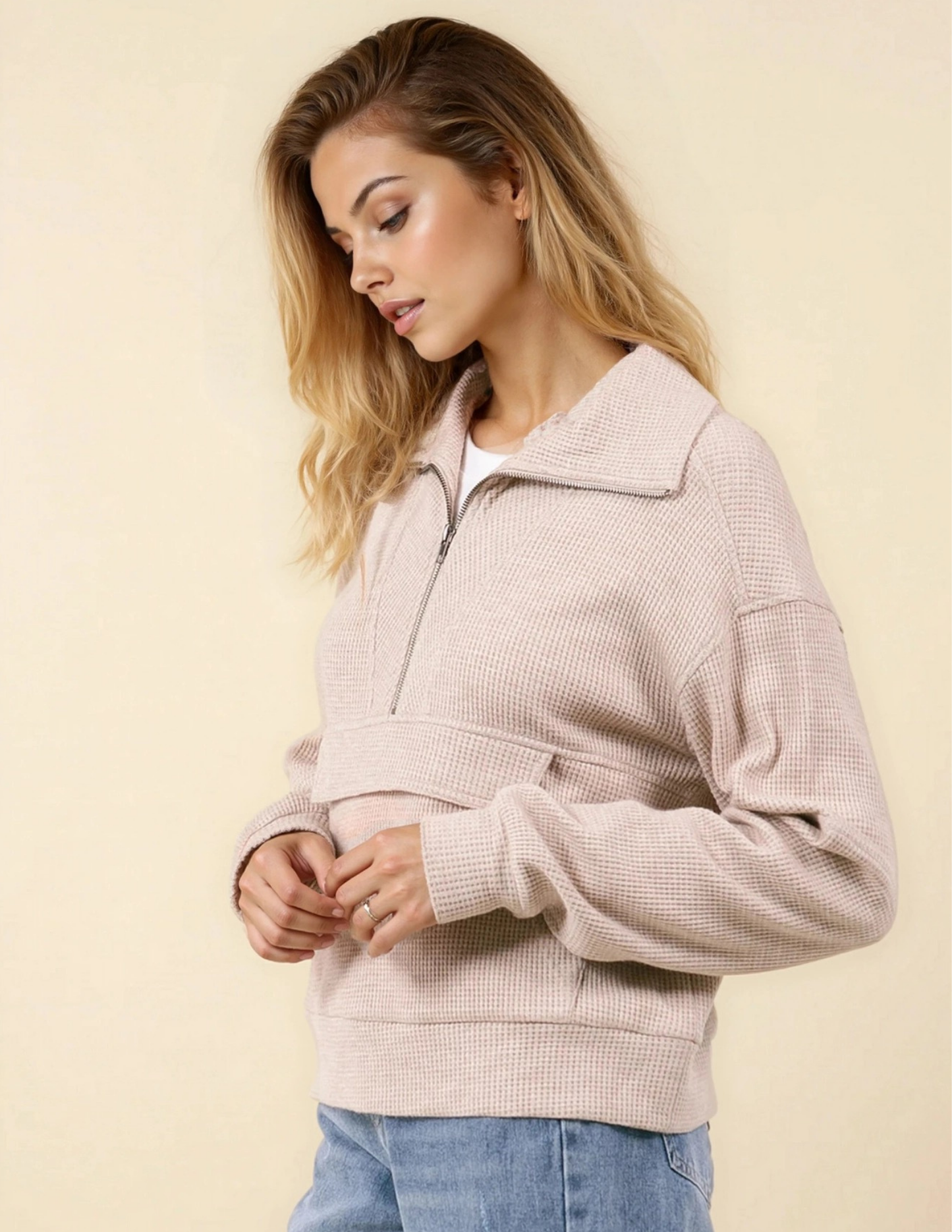 Waffle Textured Knit Half Zip Sweatshirt