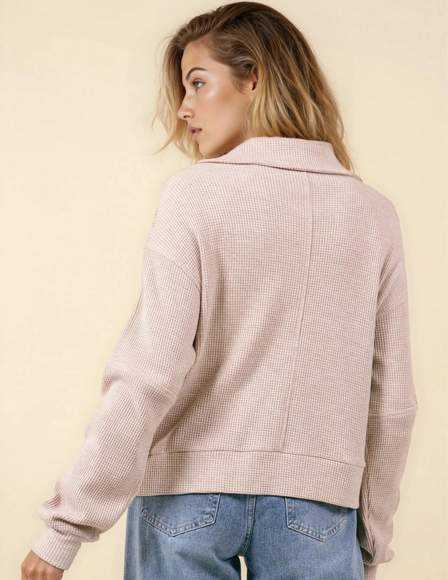 Waffle Textured Knit Half Zip Sweatshirt