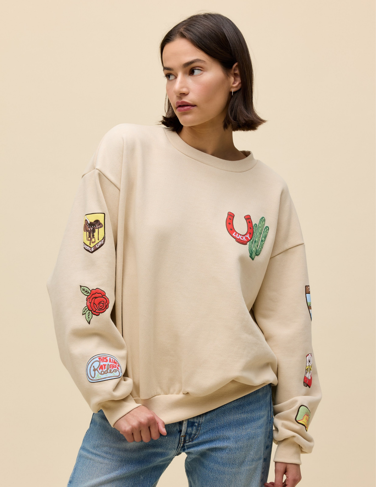 Western Patches Oversized Crew Sweatshirt