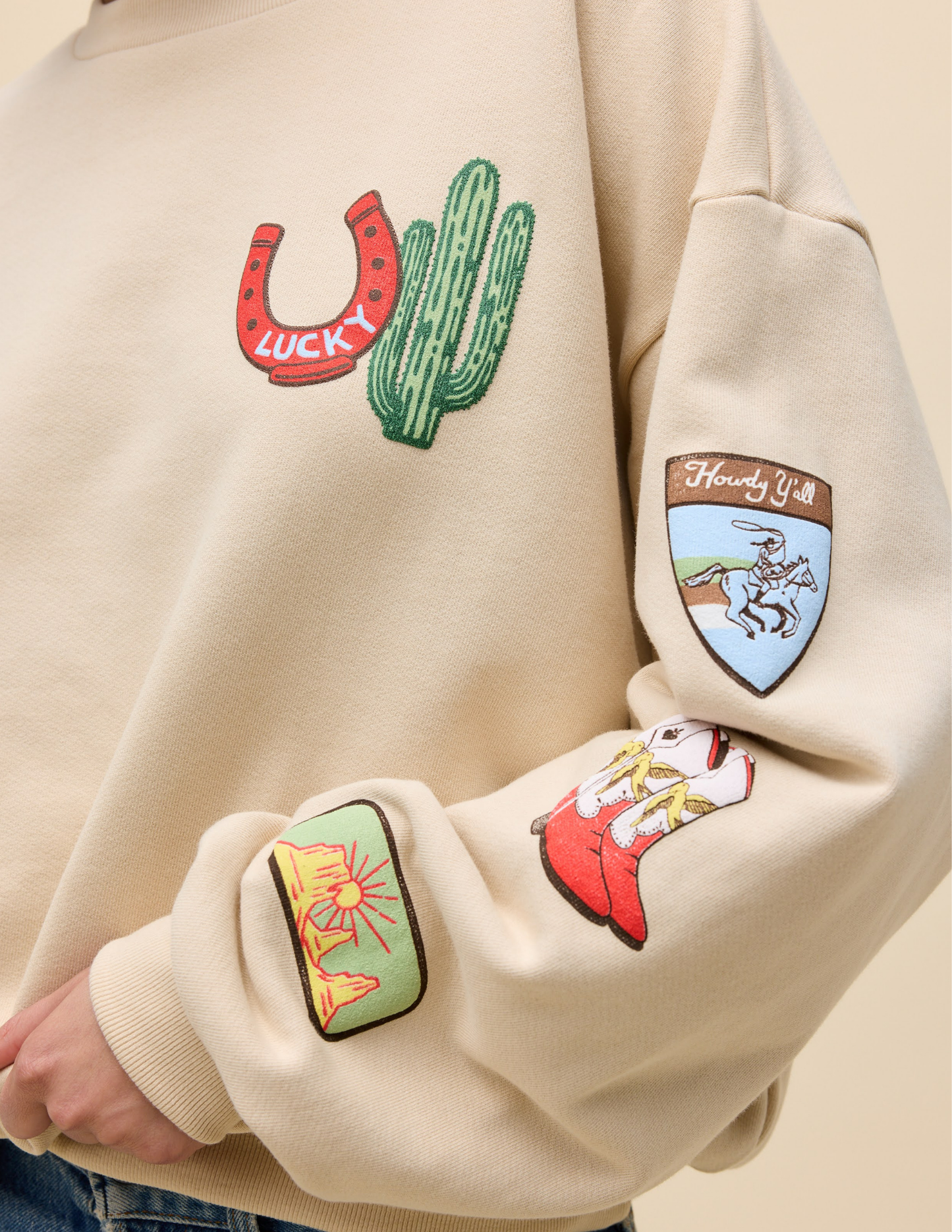 Western Patches Oversized Crew Sweatshirt