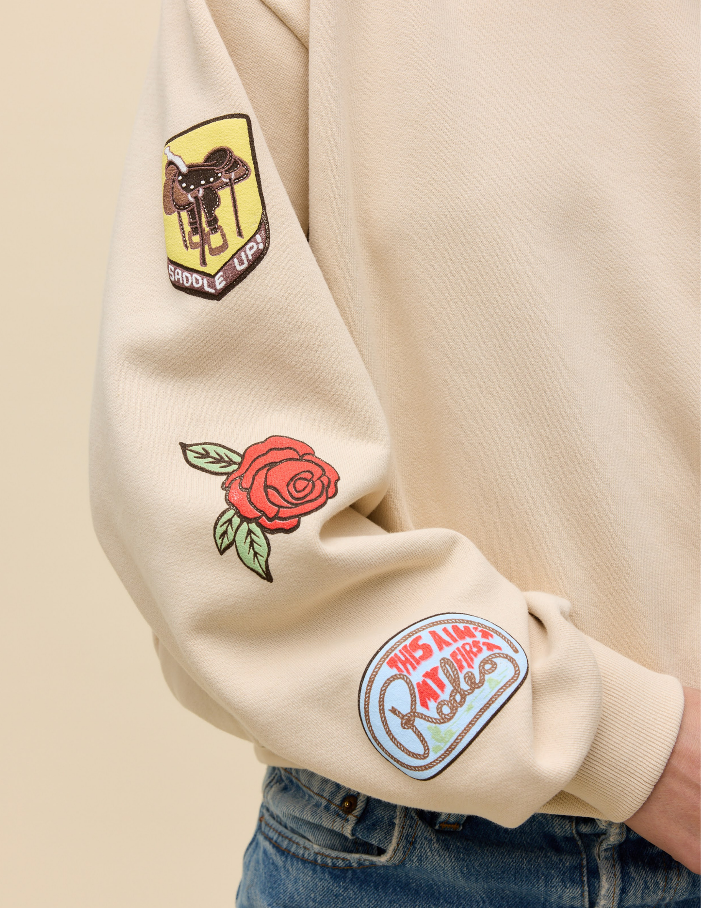 Western Patches Oversized Crew Sweatshirt
