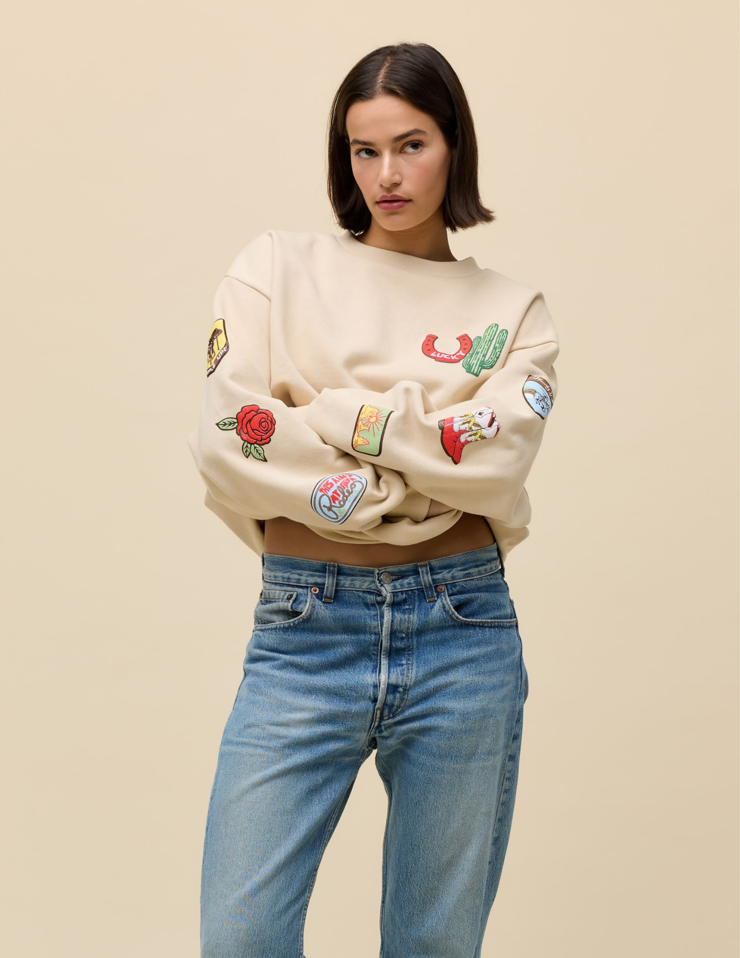 Western Patches Oversized Crew Sweatshirt