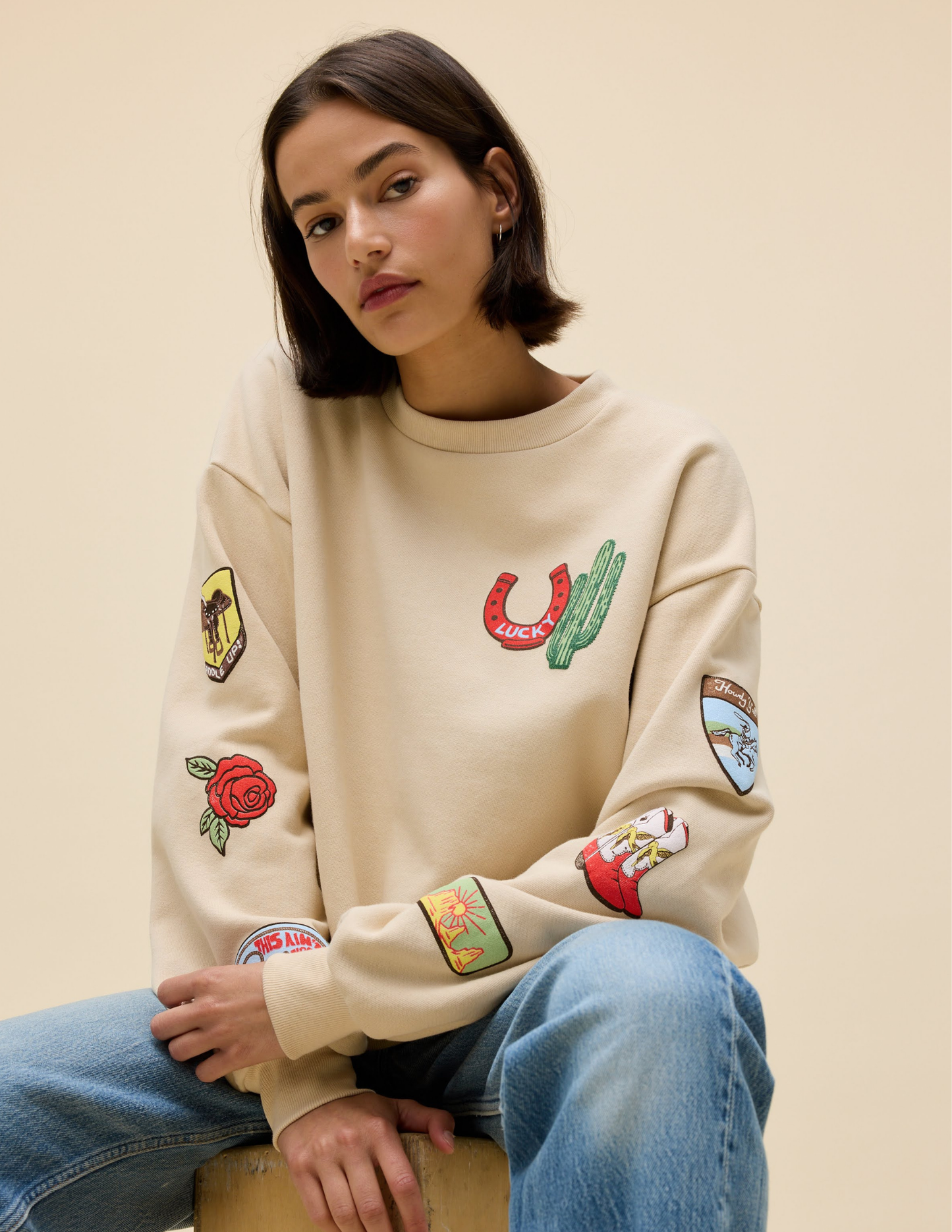 Western Patches Oversized Crew Sweatshirt