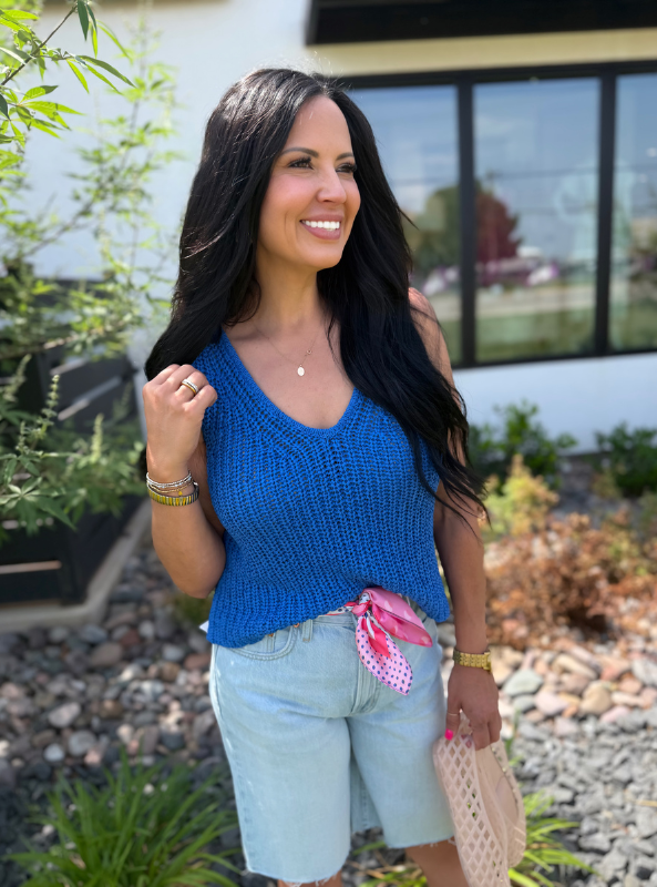 Knitted VNeck Tank Top- Surf Blue