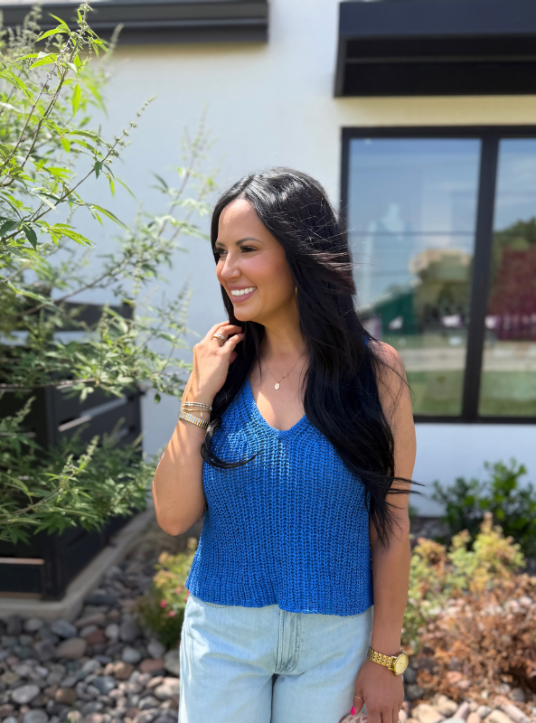 Knitted VNeck Tank Top- Surf Blue