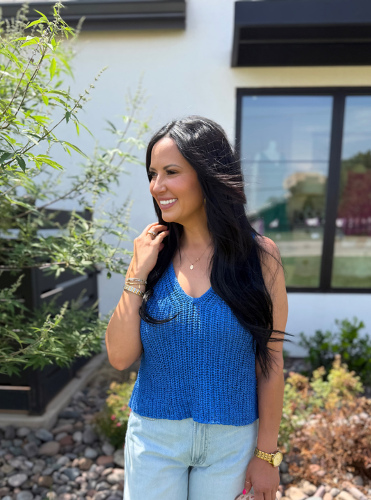 Knitted VNeck Tank Top- Surf Blue