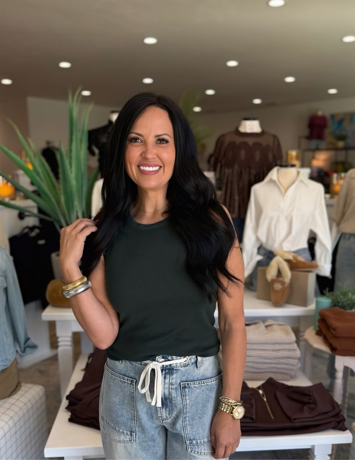 Crew Neck Ribbed Knit Tank Top- Hunter Green