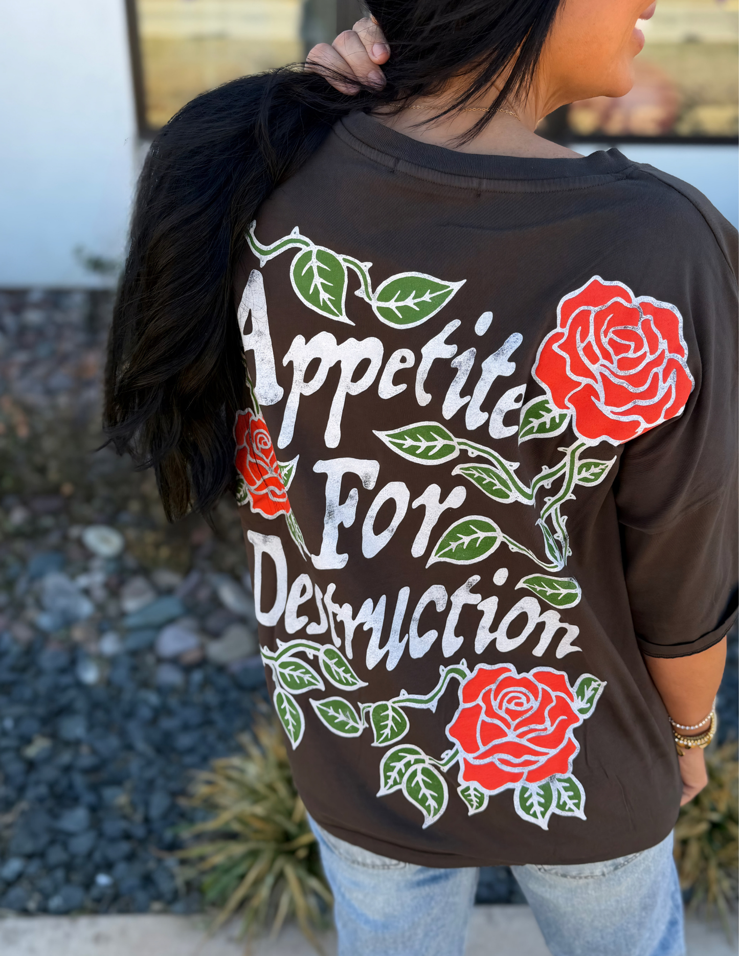 Guns N Roses Paradise City Rose Tee- Washed Black