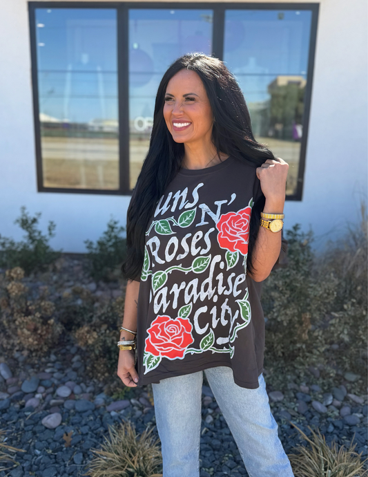 Guns N Roses Paradise City Rose Tee- Washed Black