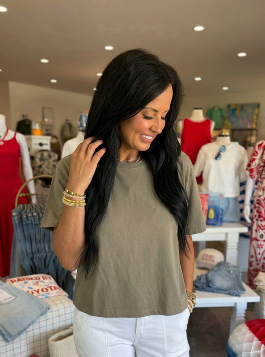 Karlie- Solid Knit Crew Tee- Olive