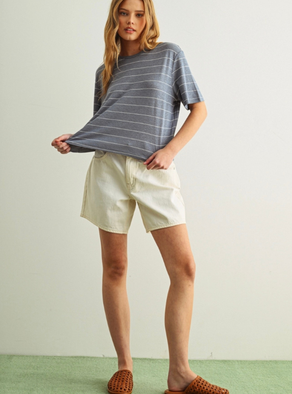 Stripe Cotton Linen Top- Blue
