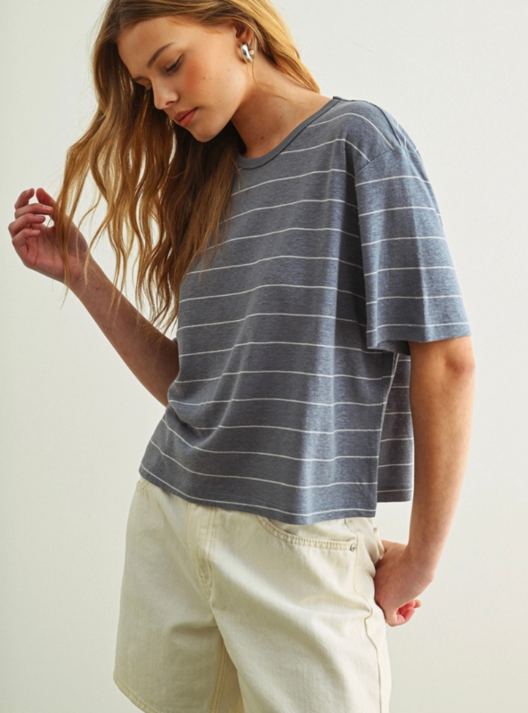 Stripe Cotton Linen Top- Blue
