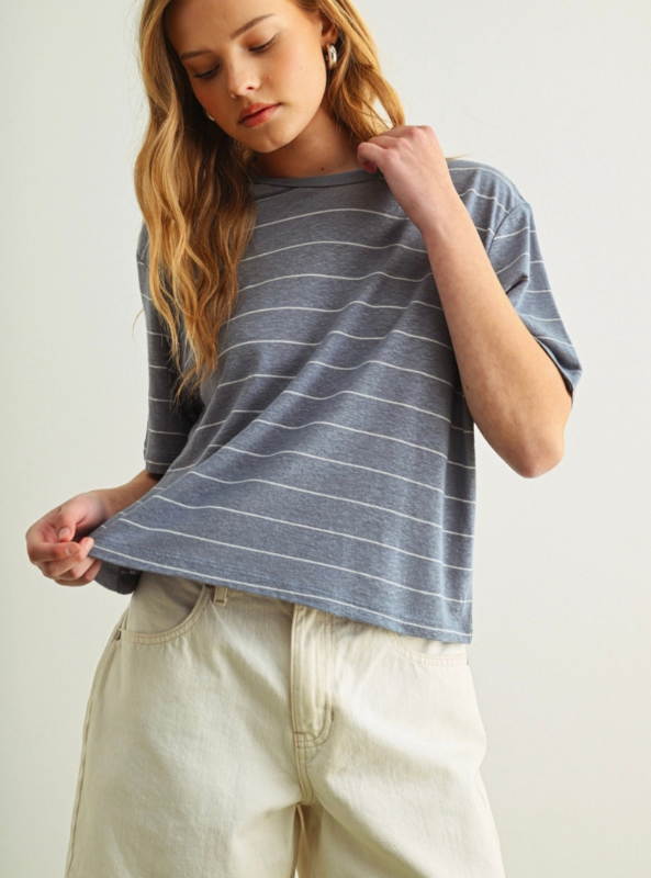 Stripe Cotton Linen Top- Blue