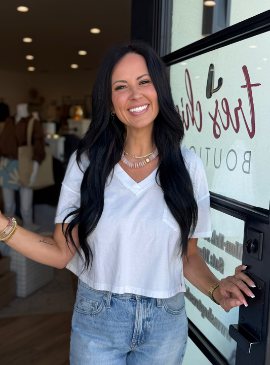 Washed V Neck Boxy Knit Top-White