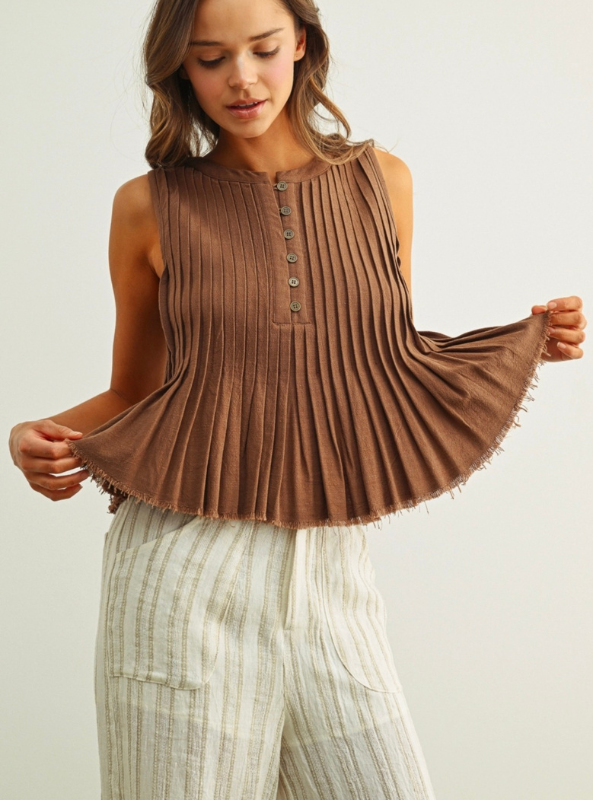 All Pleated Button Front Top- Mocha