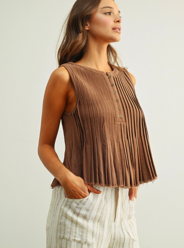 All Pleated Button Front Top- Mocha