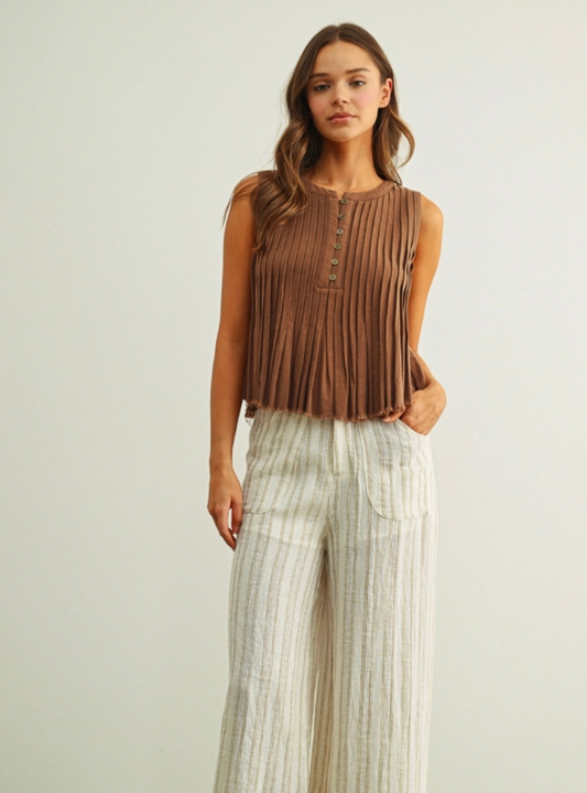 All Pleated Button Front Top- Mocha