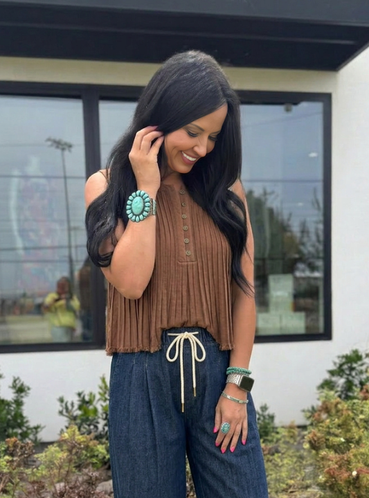 All Pleated Button Front Top- Mocha
