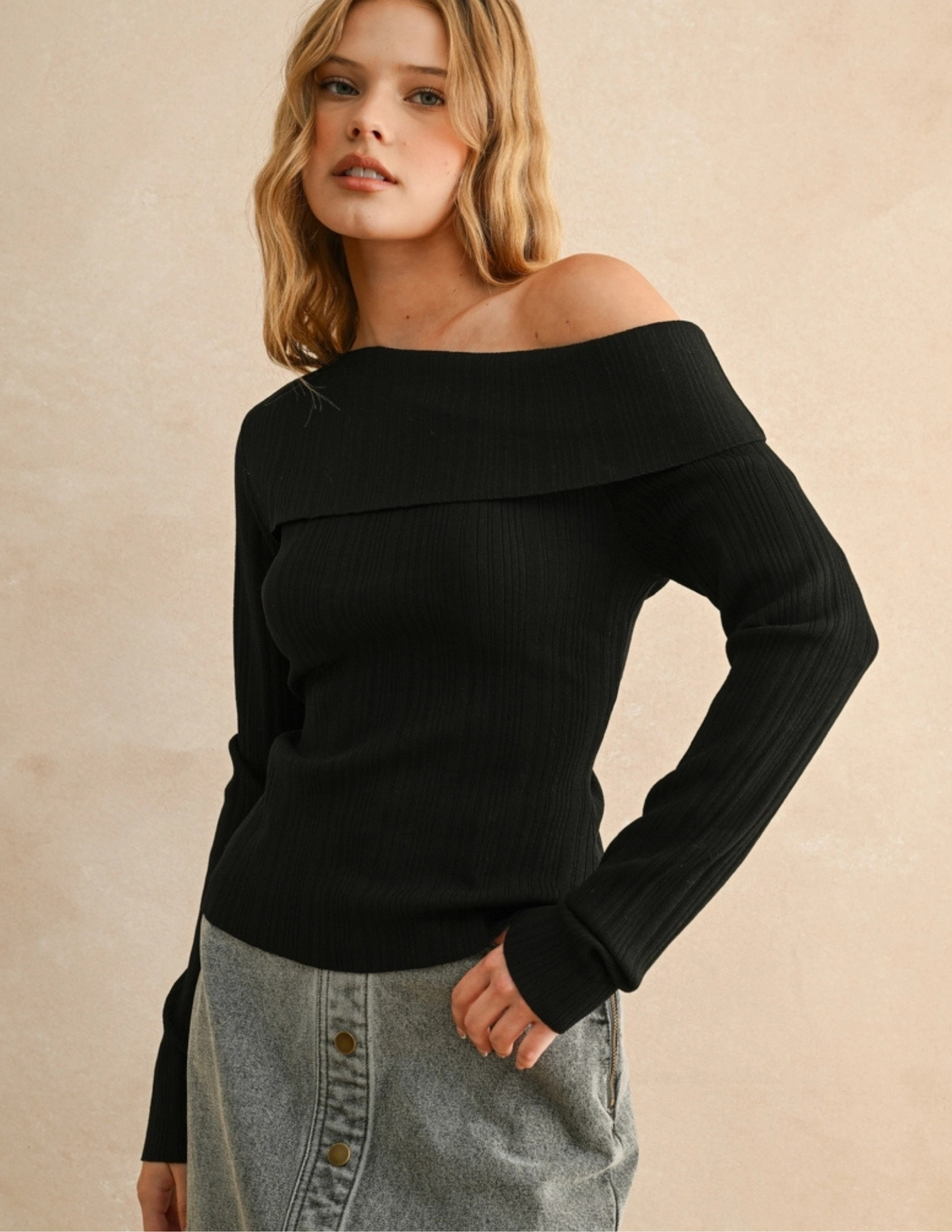 Asymmetric Shoulder Long Sleeve Top