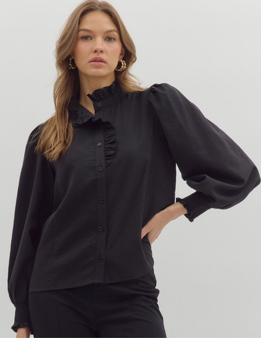 Back To Business Button Up Top- Black - Tres Chic Boutique