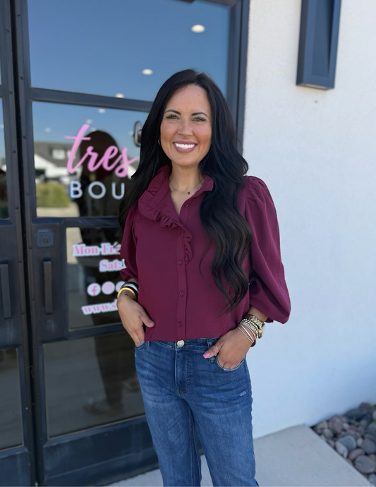 Back To Business Button Up Top- Burgundy