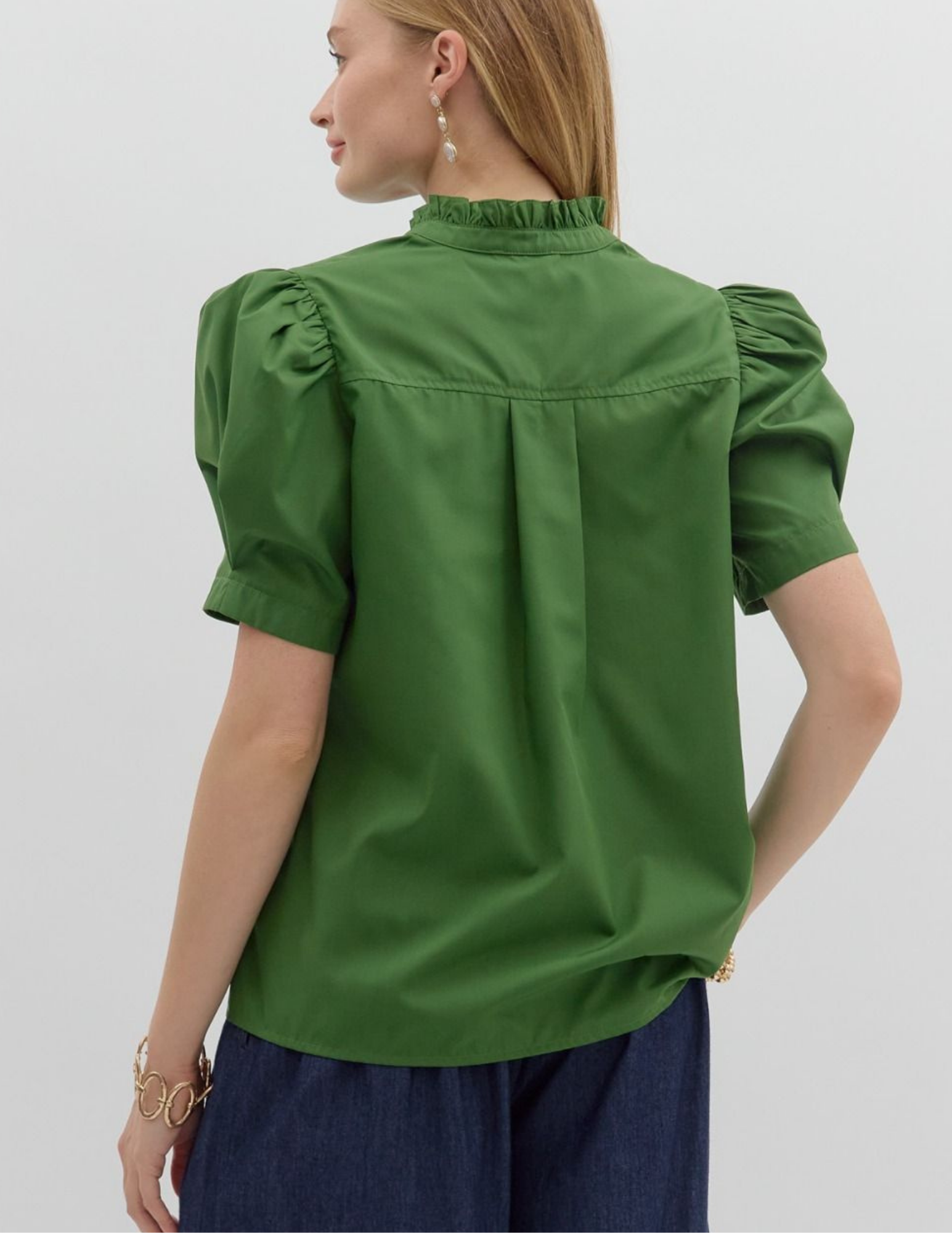 Bethany Puff Shoulder Top- Green - Tres Chic Boutique