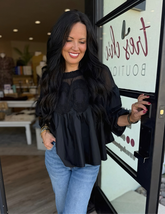Black Lace Applique Long Sleeve Blouse - Tres Chic Boutique