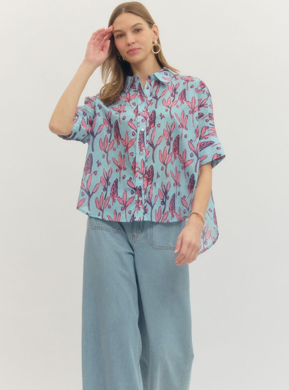 Botanical Print Button Up Top-Light Blue