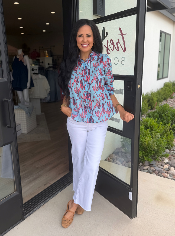 Botanical Print Button Up Top-Light Blue