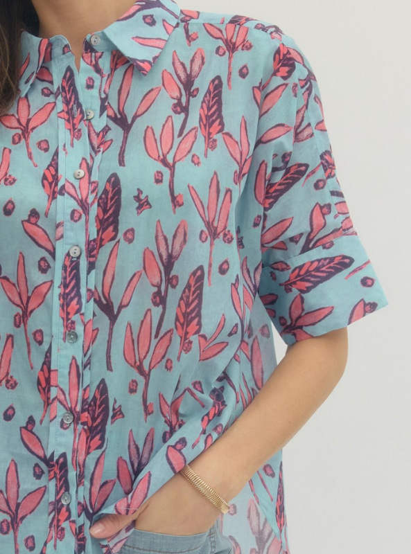 Botanical Print Button Up Top-Light Blue