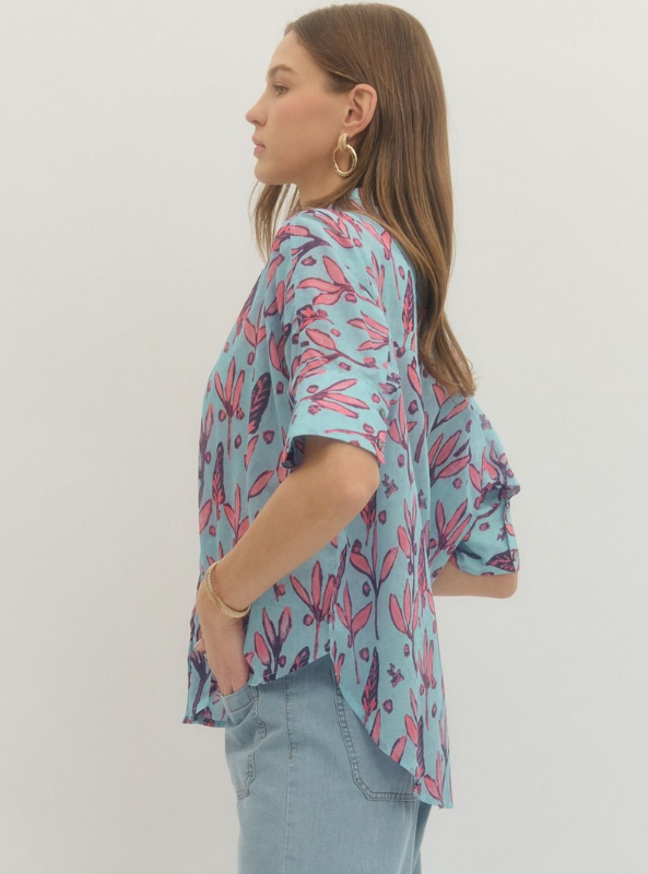 Botanical Print Button Up Top-Light Blue