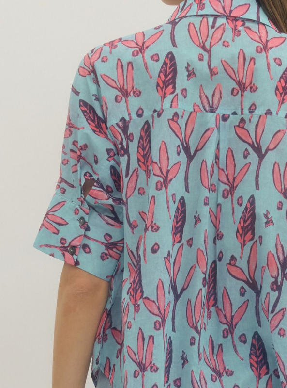 Botanical Print Button Up Top-Light Blue