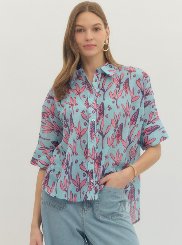 Botanical Print Button Up Top-Light Blue