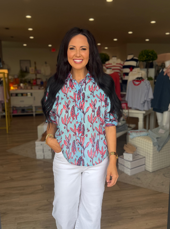 Botanical Print Button Up Top-Light Blue